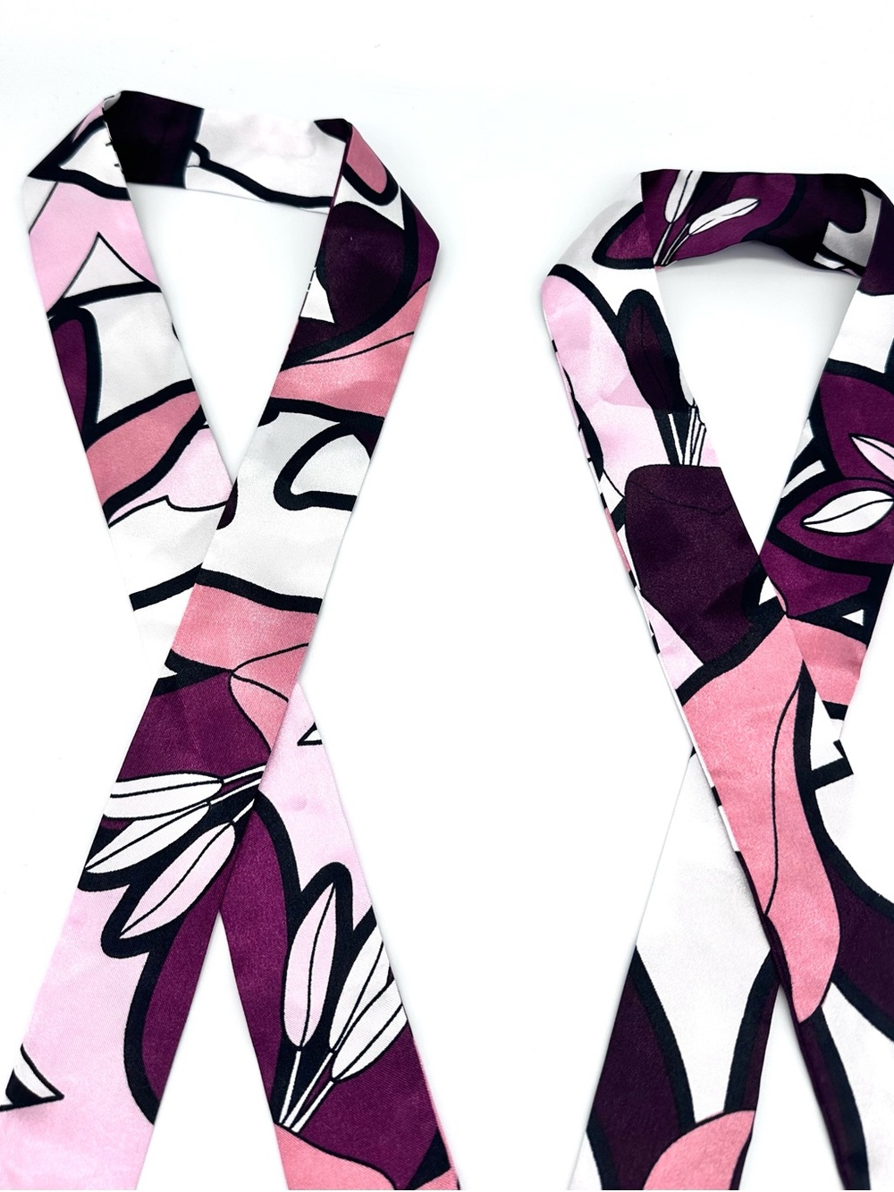 2 Pc Lot Pink Purple Floral Skinny Twilly Scarves 35” x 1.5” Bag Scarf Hair Tie